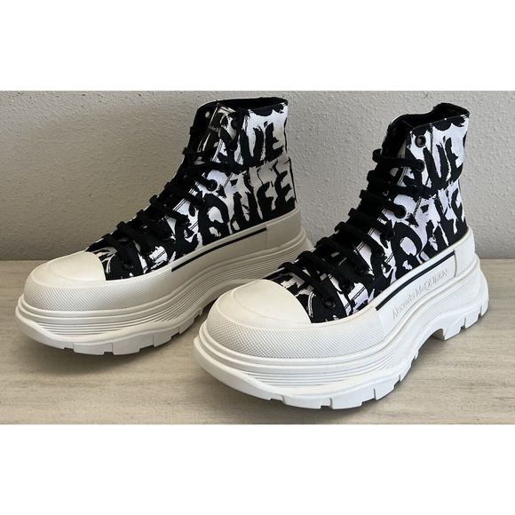 Alexander McQUEEN Men Tread Slick Logo High Top Sneaker White Black EU42.5 US9.5 - Picture 2 of 16
